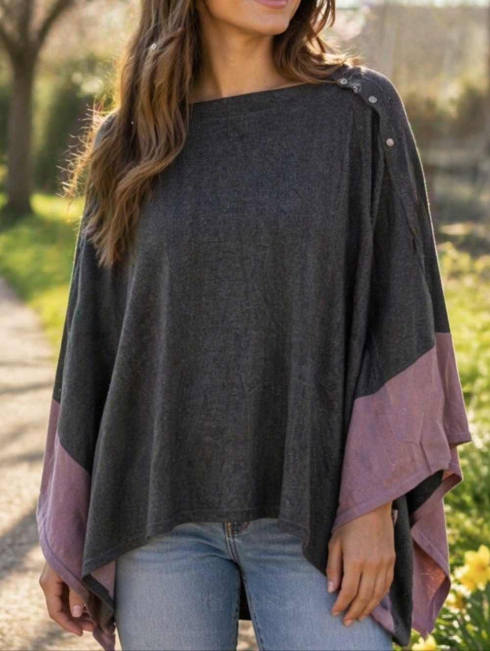 Red Coral Viscose Blend Poncho Top One Size | Colorblock Snap Shoulder Blouse
